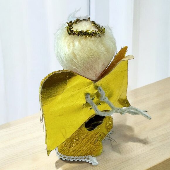 Vintage 1960's Gold Christmas Angel Sparkling Fabric White Hair Plastic Head - Picture 3 of 4